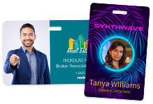 Custom ID badges for events and trade shows with printed graphics and QR codes